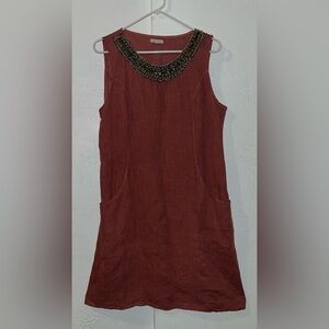 Lina Tomei Italian Made Linen Coral Shift Dress with Beaded Neckline